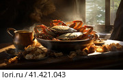 Seafood, crabs on a plate. Стоковое AI-изображение, AI-художник Кирилл Черезов / Фотобанк Лори