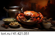 Seafood, crabs on a plate. Стоковое AI-изображение, AI-художник Кирилл Черезов / Фотобанк Лори