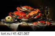 Seafood, crabs on a plate. Стоковое AI-изображение, AI-художник Кирилл Черезов / Фотобанк Лори
