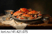 Seafood, crabs on a plate. Стоковое AI-изображение, AI-художник Кирилл Черезов / Фотобанк Лори