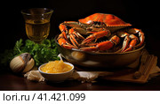 Seafood, crabs on a plate. Стоковое AI-изображение, AI-художник Кирилл Черезов / Фотобанк Лори