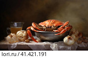 Seafood, crabs on a plate. Стоковое AI-изображение, AI-художник Кирилл Черезов / Фотобанк Лори