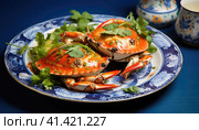 Seafood, crabs on a plate. Стоковое AI-изображение, AI-художник Кирилл Черезов / Фотобанк Лори
