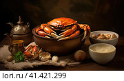 Seafood, crabs on a plate. Стоковое AI-изображение, AI-художник Кирилл Черезов / Фотобанк Лори