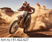 Motorcyclist jumping with a motorcycle in the mud. Стоковое AI-изображение, AI-художник Кирилл Черезов / Фотобанк Лори