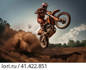Motorcyclist jumping with a motorcycle in the mud. Стоковое AI-изображение, AI-художник Кирилл Черезов / Фотобанк Лори