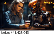 Молодая женщина и робот в кафе. Generative AI. Стоковое AI-изображение, AI-художник Щеголева Ольга / Фотобанк Лори