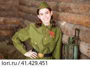 Young woman wearing Red Army form of 1943 year. Стоковое фото, фотограф Андрей Аркуша / Фотобанк Лори