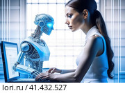 Девушка и робот за компьютером. Стоковое AI-изображение, AI-художник Галина Царькова / Фотобанк Лори