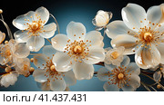 White glass flowers intallation on blue background. Interior wallpaper. Стоковое AI-изображение, AI-художник Anastaiya Lavrik / Фотобанк Лори