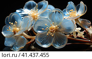 Blue glowing glass flowers intallation on blue background. Interior wallpaper. High quality photo. Стоковое AI-изображение, AI-художник Anastaiya Lavrik / Фотобанк Лори