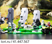 RUSSIA, April 17, 2018. Constructor Lego Star Wars. Squad of stormtroopers and Darth Vader on Easter Island. Редакционное фото, фотограф Андрей Аркуша / Фотобанк Лори