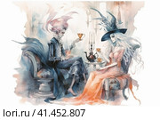 Witch and ghost spending time drinking tea together, watercolor illustration, watercolor style, Generative AI. Стоковое AI-изображение, AI-художник Анна Кривицкая / Фотобанк Лори