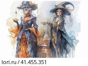 Witch and ghost spending time drinking tea together, watercolor illustration, watercolor style, Generative AI. Стоковое AI-изображение, AI-художник Анна Кривицкая / Фотобанк Лори