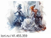 Witch and ghost spending time drinking tea together, watercolor illustration, watercolor style, Generative AI. Стоковое AI-изображение, AI-художник Анна Кривицкая / Фотобанк Лори
