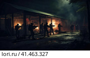 A group of military with weapons training at night. Стоковое AI-изображение, AI-художник Кирилл Черезов / Фотобанк Лори