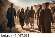 Refugees and displaced by war or a natural disaster walking through the streets of a destroyed city. Ruined demolition town. A city devastated by war and bombing. Middle east crisis. AI. Стоковое AI-изображение, AI-художник Sergey Grishin / Фотобанк Лори