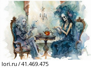 Witch and ghost spending time drinking tea together, watercolor illustration, watercolor style, Generative AI. Стоковое AI-изображение, AI-художник Анна Кривицкая / Фотобанк Лори