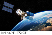 Modern telecommunication satellite at the Earth orbit. Стоковая иллюстрация, иллюстратор Александр Володин / Фотобанк Лори