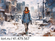 Post-apocalyptic girl in the middle of a city covered with  snow and ice around post-nuclear winter, watercolor style, Generative AI. Стоковое AI-изображение, AI-художник Анна Кривицкая / Фотобанк Лори