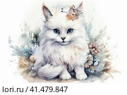 Cartoon white kitten on a white background, watercolor, illustration, watercolor style, Generative AI. Стоковое AI-изображение, AI-художник Анна Кривицкая / Фотобанк Лори