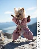 A Yorkshire terrier in a pink kimono against the background of mountains.Generated by AI. Стоковое AI-изображение, AI-художник Ярославский Максим / Фотобанк Лори