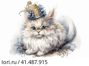 Cartoon white kitten on a white background, watercolor, illustration, watercolor style, Generative AI. Стоковое AI-изображение, AI-художник Анна Кривицкая / Фотобанк Лори