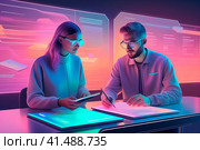 Young man and woman working together in the office. 3d rendering. Стоковое AI-изображение, AI-художник Галина Царькова / Фотобанк Лори