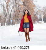 Young beautiful brunette woman in red coat posing on winter park. Стоковое фото, фотограф Андрей Аркуша / Фотобанк Лори