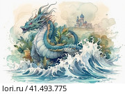 Water dragon splashes in the water against the backdrop of the sea and mountains, illustration, watercolor style, Generative AI. Стоковое AI-изображение, AI-художник Анна Кривицкая / Фотобанк Лори