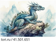 Water dragon splashes in the water against the backdrop of the sea and mountains, illustration, watercolor style, Generative AI. Стоковое AI-изображение, AI-художник Анна Кривицкая / Фотобанк Лори