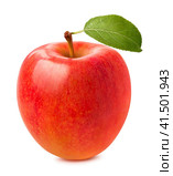 Single red apple with green leaf isolated on white background. Стоковое фото, фотограф Катерина Ковалева / Фотобанк Лори