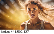 Beautiful young woman doing sports. Стоковое AI-изображение, AI-художник Кирилл Черезов / Фотобанк Лори
