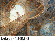 Girl on a fabulous spiral staircase in an old mansion, watercolor style, Generative AI. Стоковое AI-изображение, AI-художник Анна Кривицкая / Фотобанк Лори