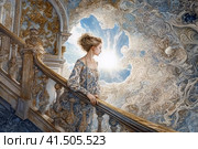 Girl on a fabulous spiral staircase in an old mansion, watercolor style, Generative AI. Стоковое AI-изображение, AI-художник Анна Кривицкая / Фотобанк Лори