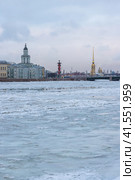 Исторический центр Санкт-Петербурга. Красивый зимний городской пейзаж. Вид на здание Кунсткамеры, Ростральную колонну и Петропавловский собор. Льдины на реке Неве. Город Санкт-Петербург, Россия. Стоковое фото, фотограф Андрей Степанов / Фотобанк Лори