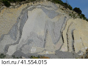 slope of the mountain with layers of sedimentary rocks. Vertically located sedimentary rocks on collapsing hillside. Стоковое фото, фотограф Леонид Еремейчук / Фотобанк Лори