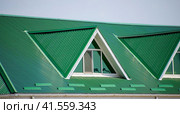 The house with plastic windows and a green roof of corrugated sheet. Green roof of corrugated metal profile and plastic windows. Стоковое фото, фотограф Леонид Еремейчук / Фотобанк Лори