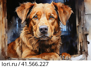 Dog in an animal shelter watercolor , Generative AI. Стоковое AI-изображение, AI-художник Анна Кривицкая / Фотобанк Лори