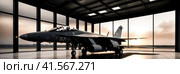 Interior view, a generic military fighter jet, parked, inside a military hangar at sunset. Panoramic banner. AI. Стоковое AI-изображение, AI-художник Sergey Grishin / Фотобанк Лори