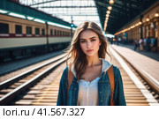 optimistic beautiful girl on railway station perron at summer noon. Travelling and vacations concept.. AI. Стоковое AI-изображение, AI-художник Sergey Grishin / Фотобанк Лори