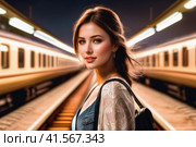 happy beautiful woman on railway station perron at summer midnight. Travelling and vacations concept.. AI. Стоковое AI-изображение, AI-художник Sergey Grishin / Фотобанк Лори