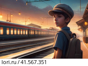 optimistic boy on railway station perron at summer early evening. Travelling and vacations concept.. AI. Стоковое AI-изображение, AI-художник Sergey Grishin / Фотобанк Лори
