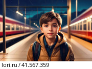 cheerful boy on railway station perron at autumn midnight. Travelling and vacations concept.. AI. Стоковое AI-изображение, AI-художник Sergey Grishin / Фотобанк Лори