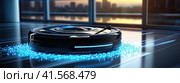 Futuristic robot vacuum cleaner with innovative controls removes dust on the floor. Generated by AI. Стоковое AI-изображение, AI-художник Ярославский Максим / Фотобанк Лори