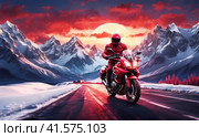 A motorcyclist rushes along a deserted night highway among the mountains. Стоковое AI-изображение, AI-художник Сергей Елизарьев / Фотобанк Лори