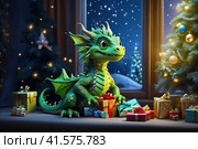 Funny green dragon, symbol of 2024 according to the eastern calendar. New Year card. Стоковое AI-изображение, AI-художник Сергей Елизарьев / Фотобанк Лори