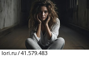 A tired, depressed woman sits on the floor and looks thoughtfully at the camera. Generated by AI. Стоковое AI-изображение, AI-художник Ярославский Максим / Фотобанк Лори