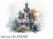 Ancient wooden house with gabled towers watercolor, Generative AI. Стоковое AI-изображение, AI-художник Анна Кривицкая / Фотобанк Лори