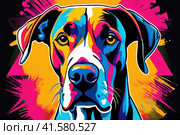 Bright drawing of a dog, great dane, on a T-shirt on a dark background. Satirical, pop art style, vibrant colors, iconic characters, action-packed, suitable for mascot or logo or reproduce on canvas. AI. Стоковое AI-изображение, AI-художник Sergey Grishin / Фотобанк Лори
